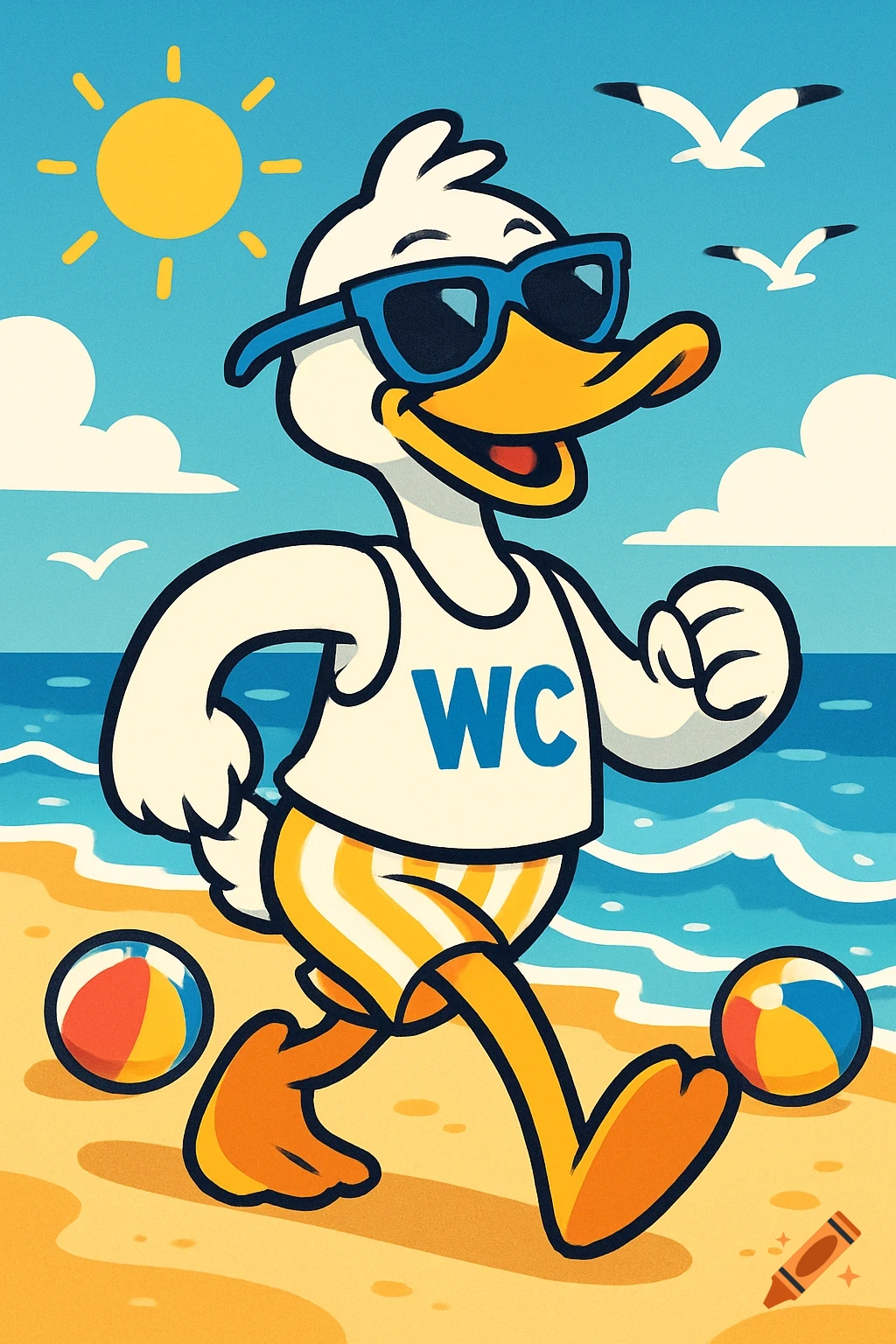 A cartoon anthropomorphic white duck in sunglasses and swim trunks walks on a sunny beach with beach balls.
