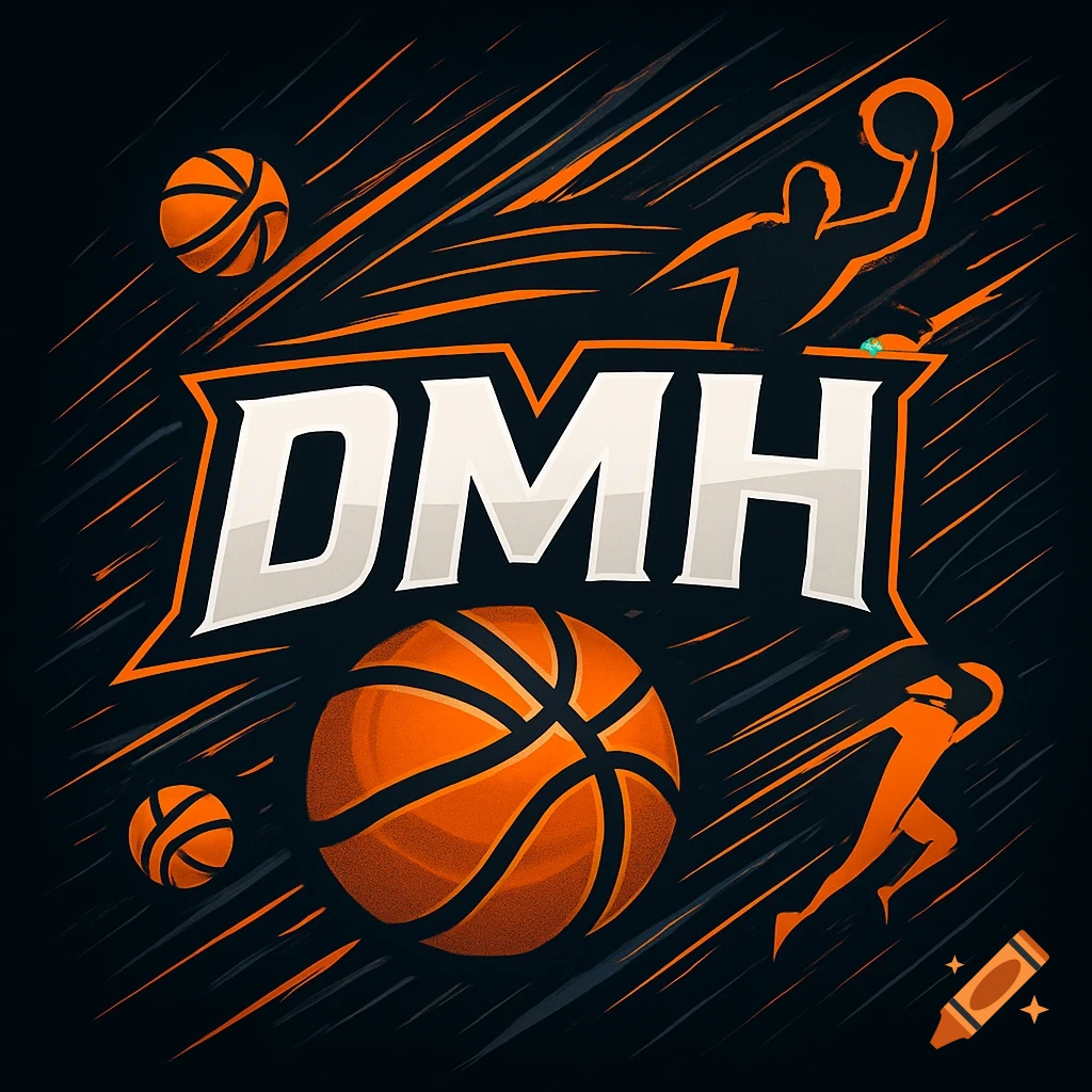 An energetic basketball logo featuring the letters DMH, basketballs, and player silhouettes in orange and white on black.