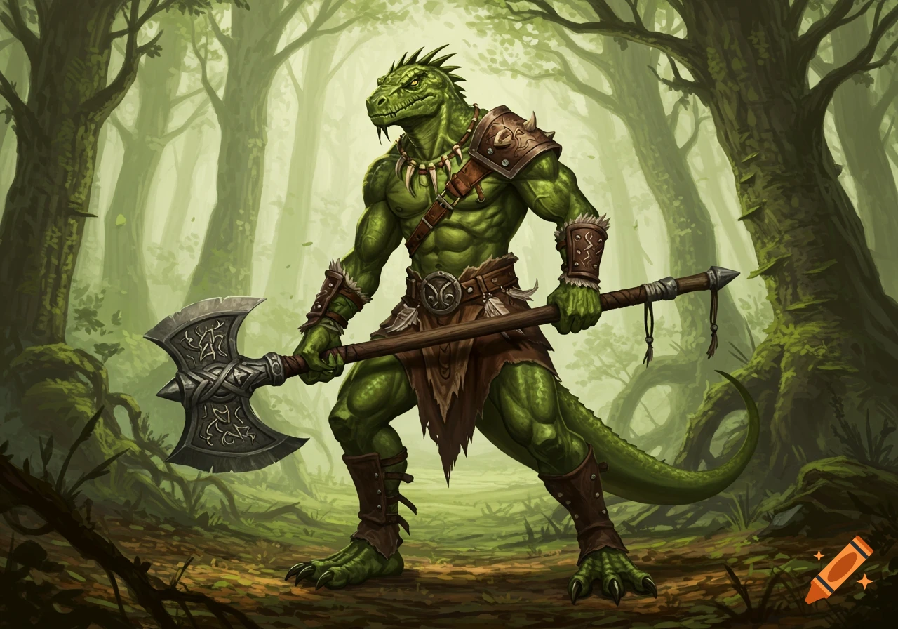 A muscular green lizardfolk warrior stands in a lush forest, holding a large double-sided axe.