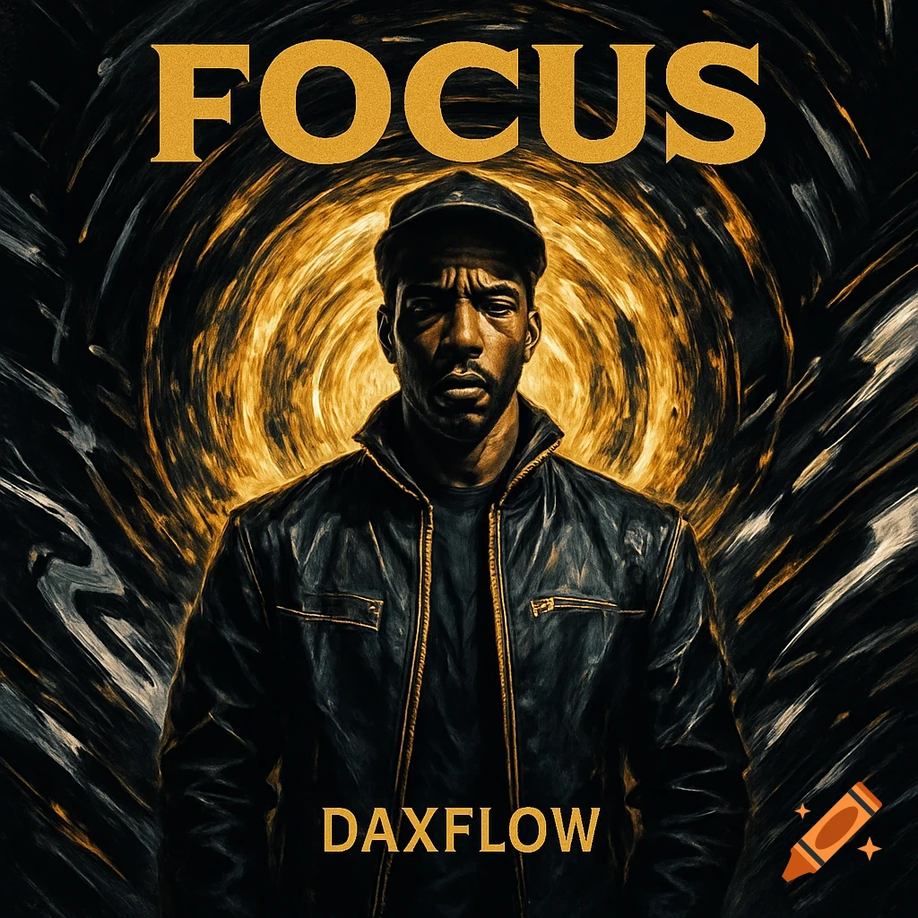 A man in a leather jacket and cap stands in front of a golden swirling background with the words FOCUS and DAXFLOW.
