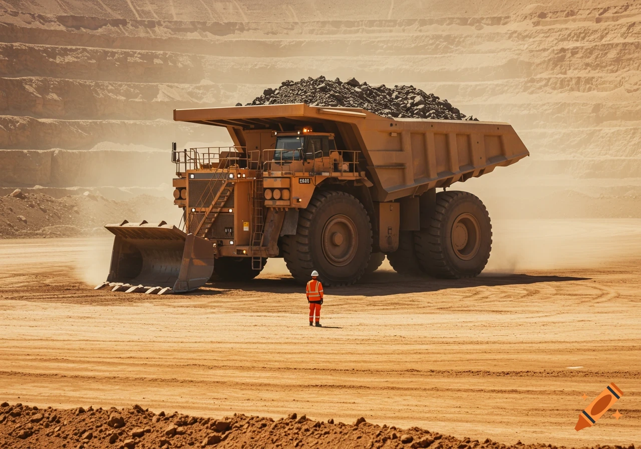 A large, heavy-duty mining truck filled with rocks stands in a dusty open-pit mine with a person in a safety vest standing in front of it.