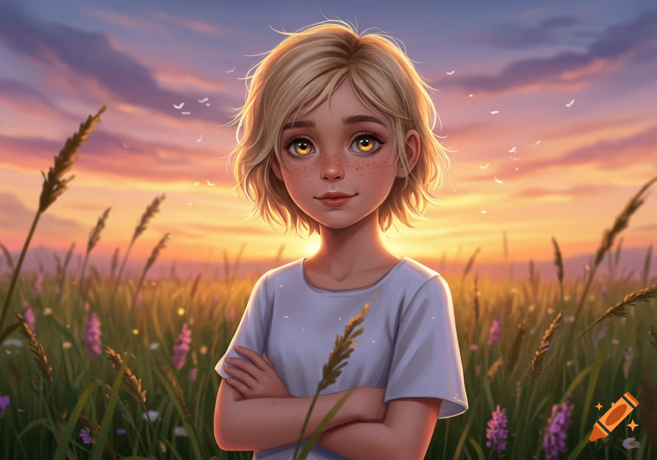 A stylized digital illustration of a blond girl with freckles and hazel eyes standing in a field of tall grass and flowers at sunset.