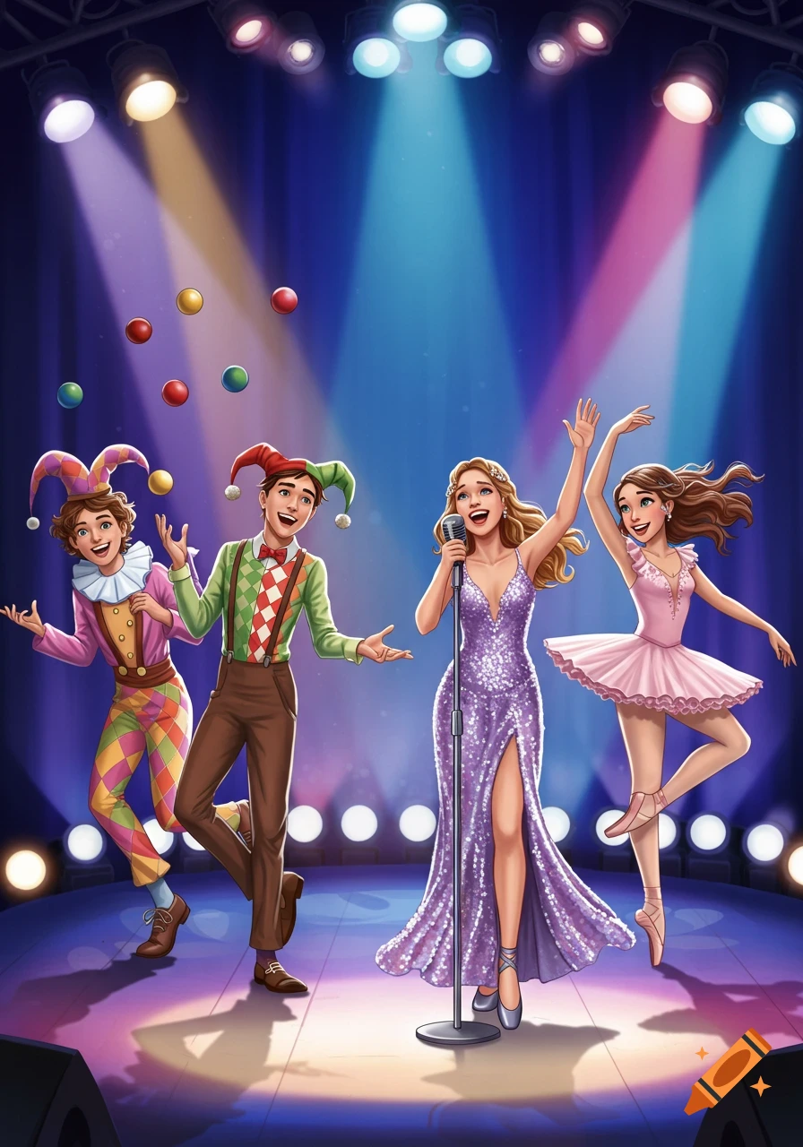 Four happy cartoon teenagers performing on a stage under spotlights, including two jesters, a singer in a sequined gown, and a ballerina.