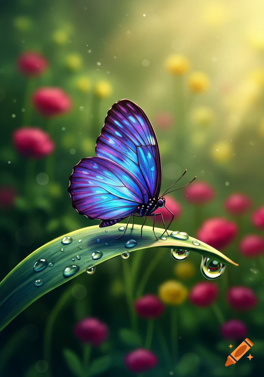 A vibrant blue and purple butterfly rests on a green leaf adorned with water droplets in a sunlit garden.