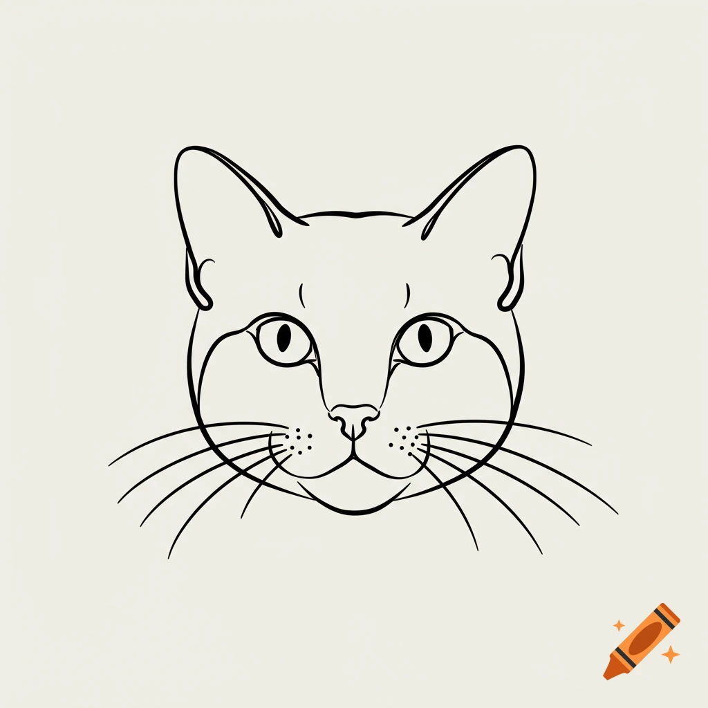 Simple line art drawing of a cat's face with whiskers and pointy ears.