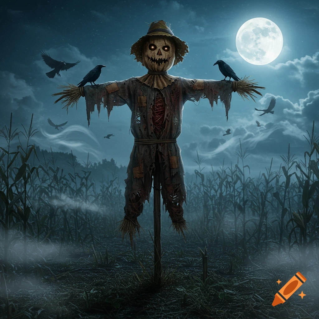 A creepy scarecrow with glowing eyes in a dark cornfield under a full moon, with crows flying.