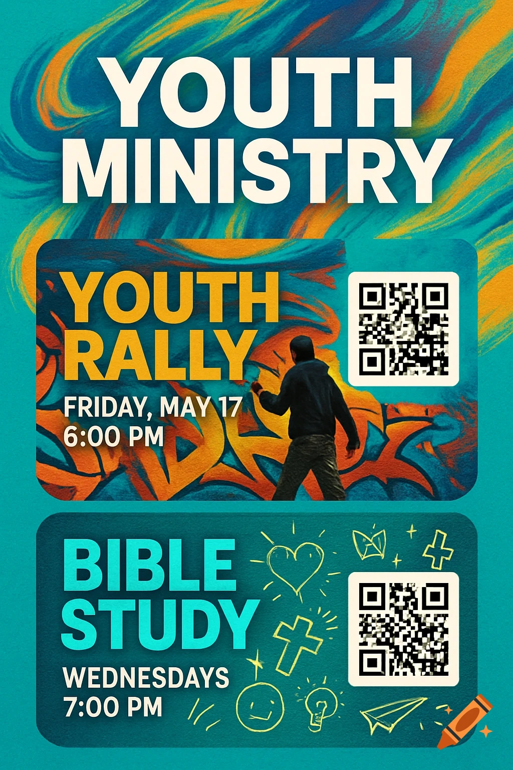 A colorful youth ministry flyer with abstract blue and orange brushstrokes. It advertises a "Youth Rally" with a person spray painting graffiti and a QR code, and a "Bible Study" with small religious doodles and another QR code.