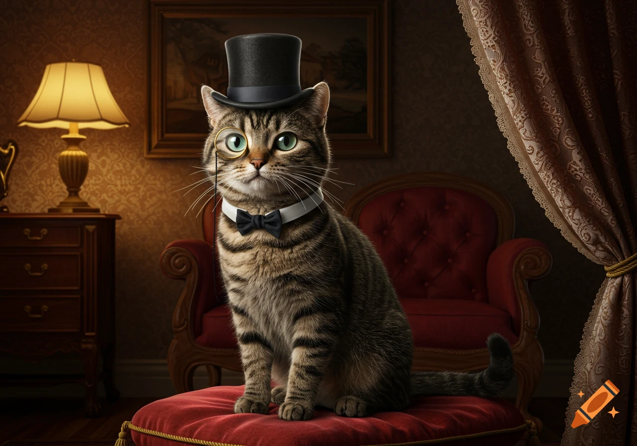 A photorealistic tabby cat wearing a black top hat and a monocle, sitting on a red cushion in a richly decorated room.