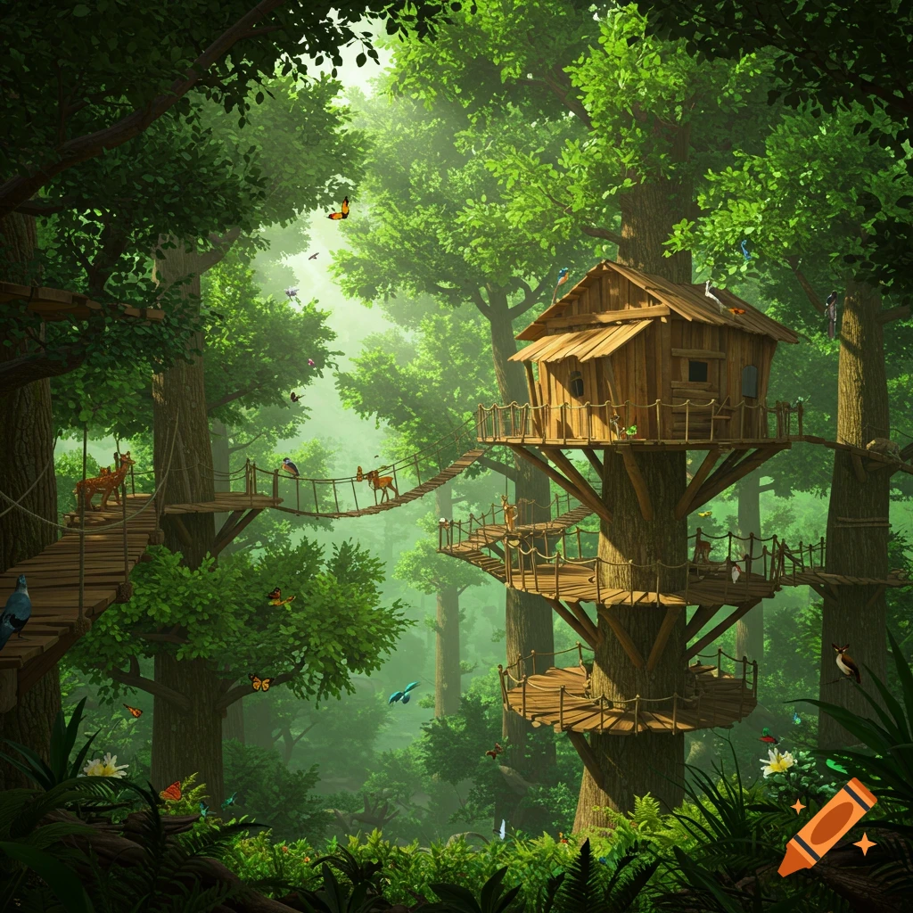 A detailed wooden treehouse in a sunlit, green forest canopy, with rope bridges. Deer, birds, and butterflies are present.