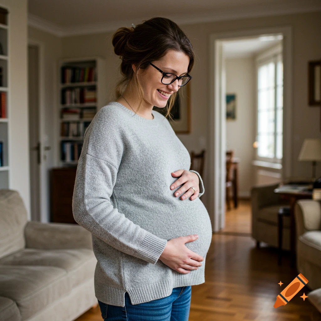 A smiling pregnant woman wearing glasses and a gray sweater, holding her belly in a well-lit living room.