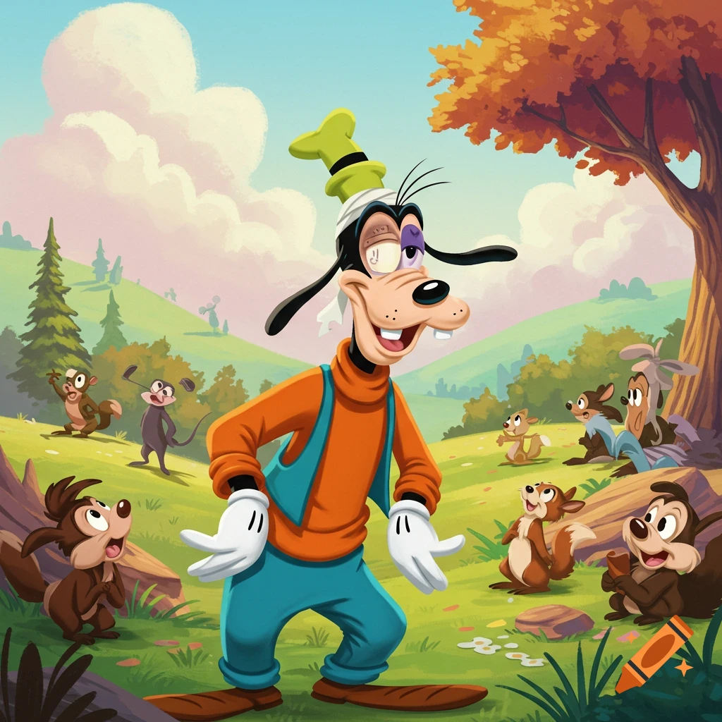 Goofy with a bandaged, swollen eye stands in a vibrant cartoon landscape with various forest animals.