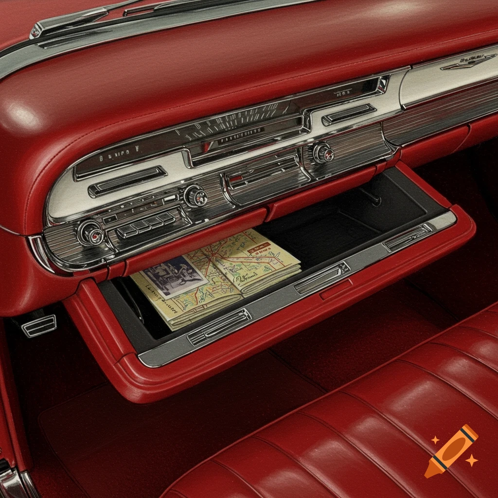 Photorealistic image of a vintage 1959 Cadillac interior with red leather seats and a map in the open glovebox.