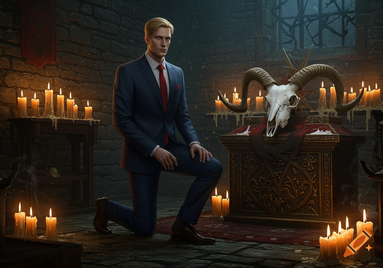 A photorealistic image of a blonde man in a navy suit kneeling before a goat skull altar surrounded by candles in a dark, stone room.