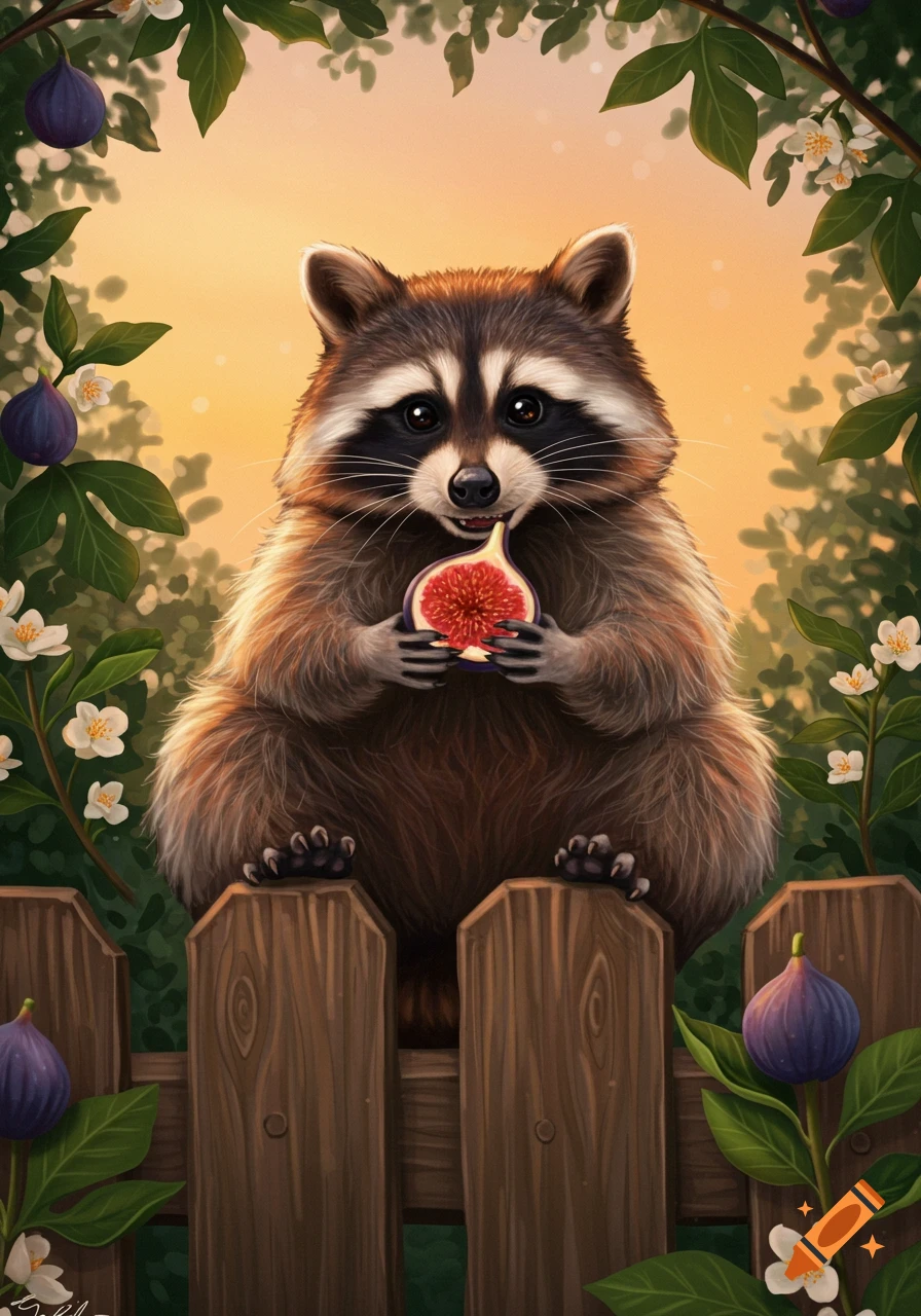 A cute raccoon sits on a wooden fence, holding a sliced fig. It is surrounded by fig branches and flowers.