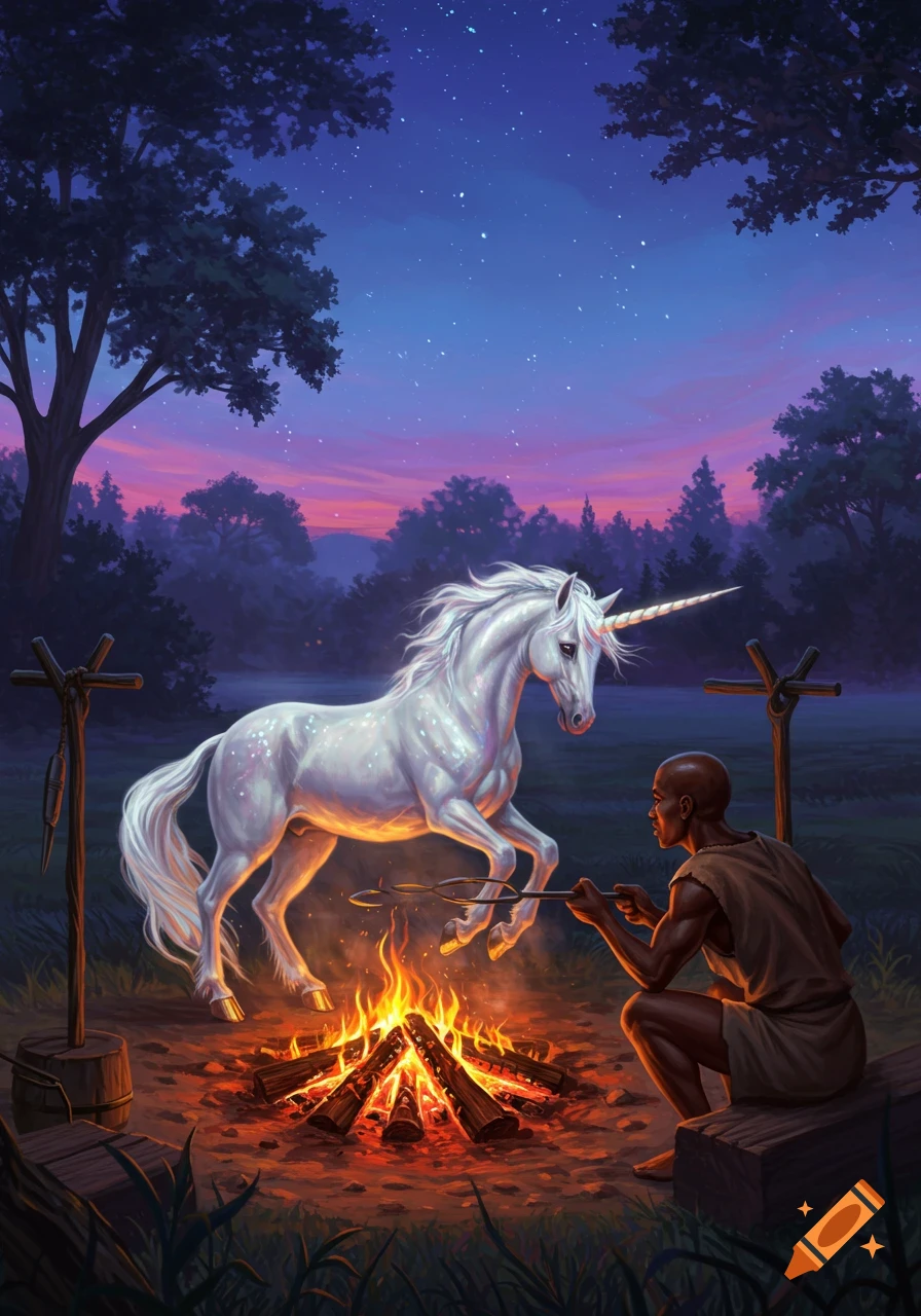 A white unicorn stands near a campfire with a bald man under a starry night sky in a forest.
