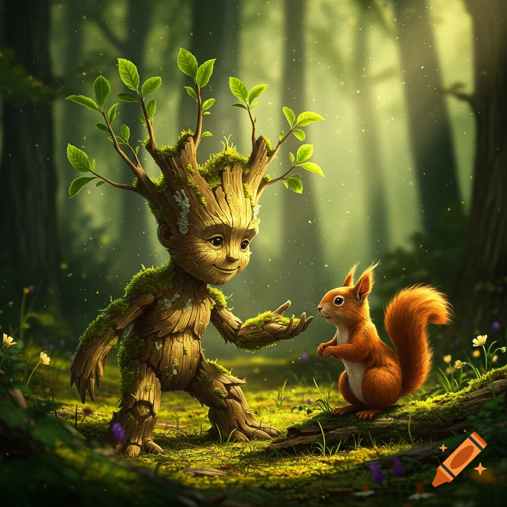 A small, friendly tree creature made of wood and moss interacts with a red squirrel on a log in a sunlit forest.