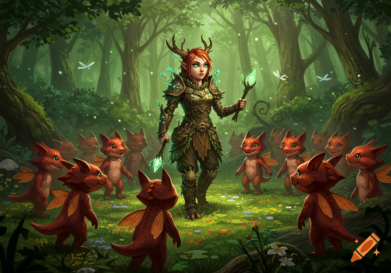 A female nature spirit with antlers and glowing staffs stands in a lush green forest surrounded by small red winged creatures.