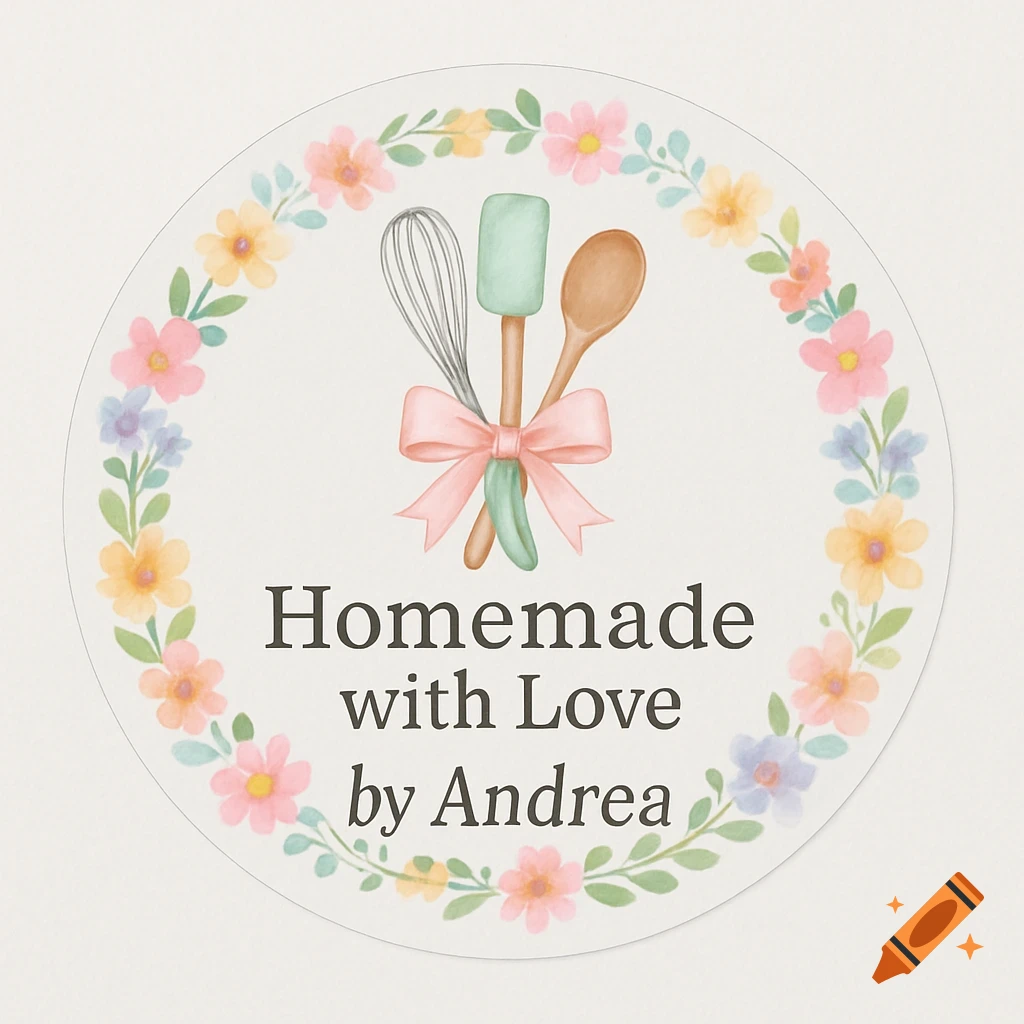 Round watercolor label with baking tools, a pink bow, and pastel floral border, text 'Homemade with Love by Andrea'.