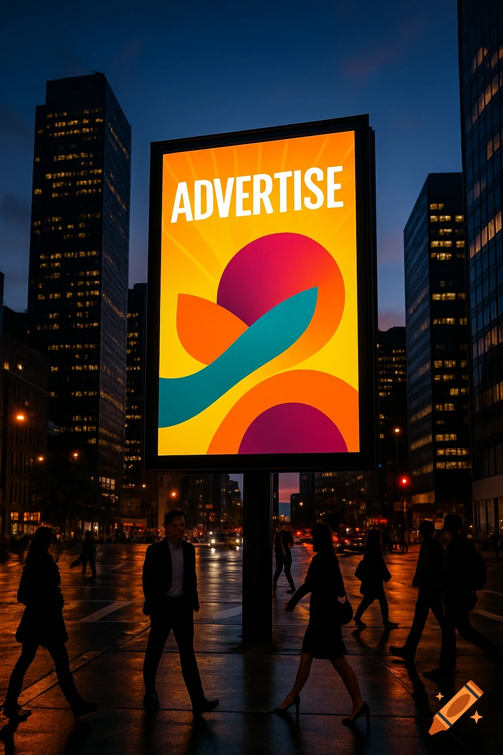 A bright billboard displaying 'ADVERTISE' on a city street at night, with blurred figures of people walking by.