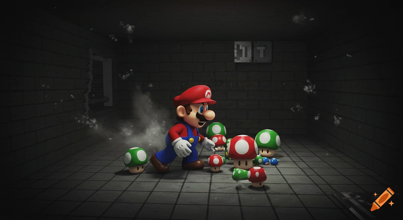 Mario walking in a dark brick room with many red and green mushrooms around him. Smoke billows behind him.
