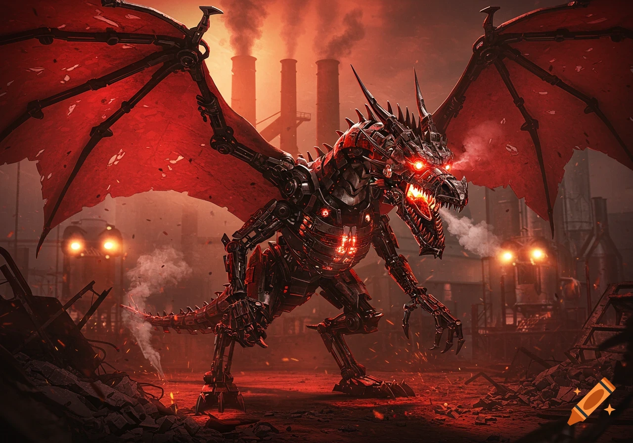 A menacing mechanical dragon with glowing red eyes stands in an industrial ruin under a smoke-filled, red sky.
