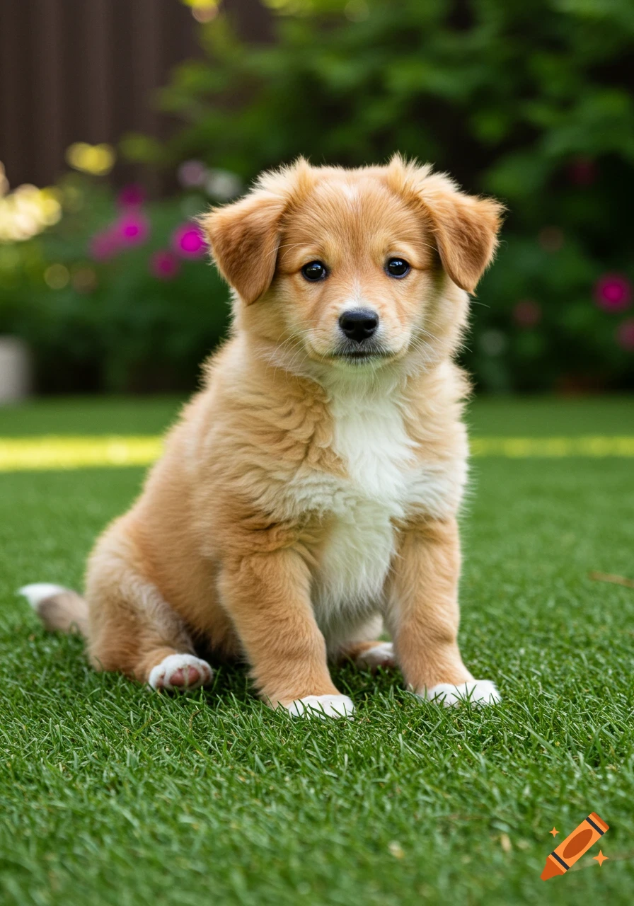 A cute fluffy golden-brown puppy with white paws sits on green grass in a garden.