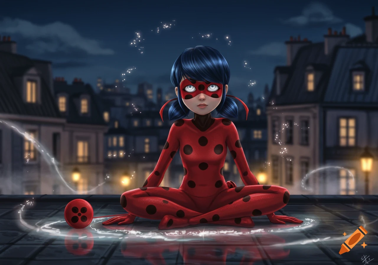 Cartoon character Ladybug sits cross-legged on a moonlit rooftop, glowing sparkles surrounding her, cityscape in background.