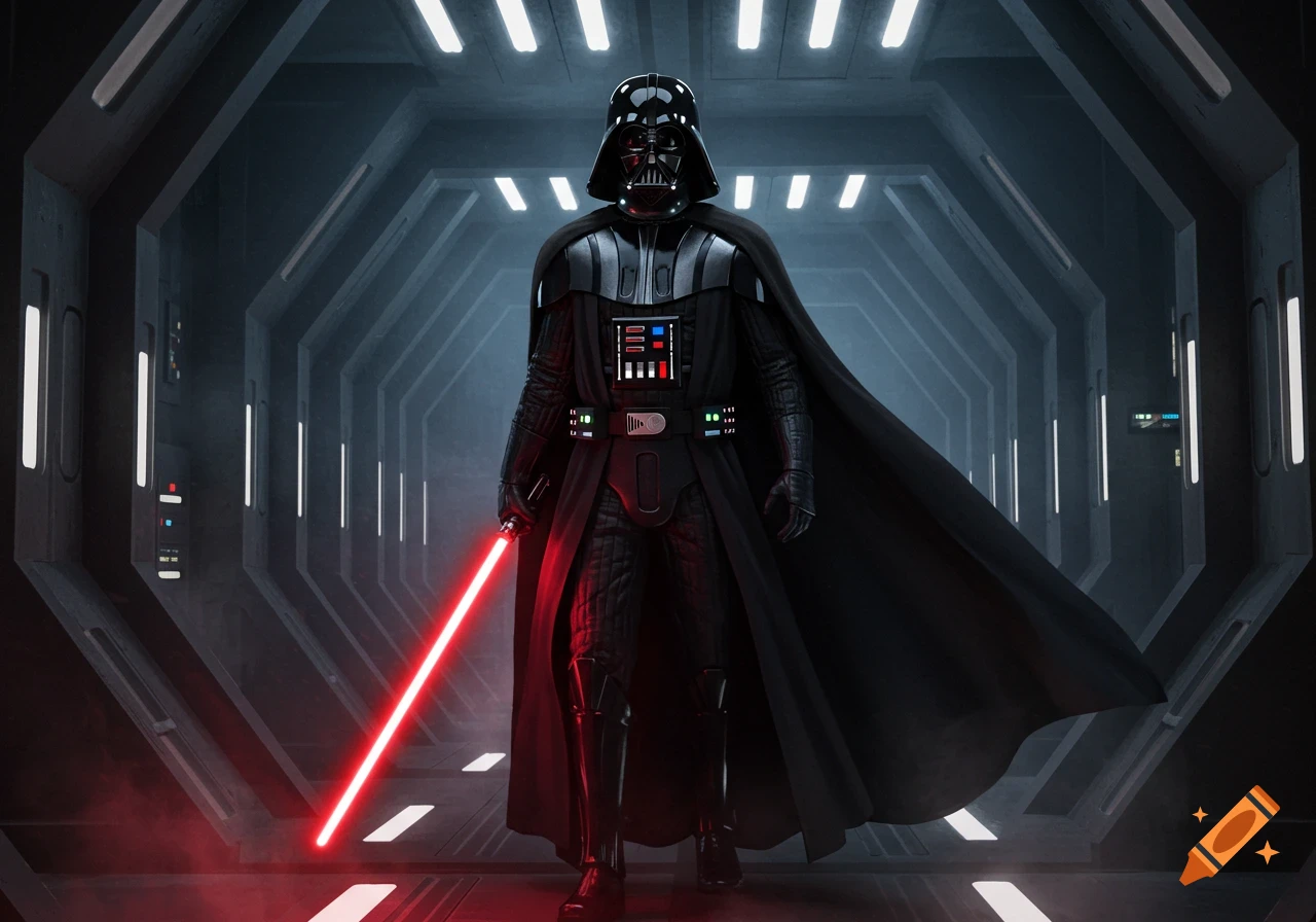 Darth Vader stands in a dark, futuristic hallway, holding a glowing red lightsaber in a photorealistic style.
