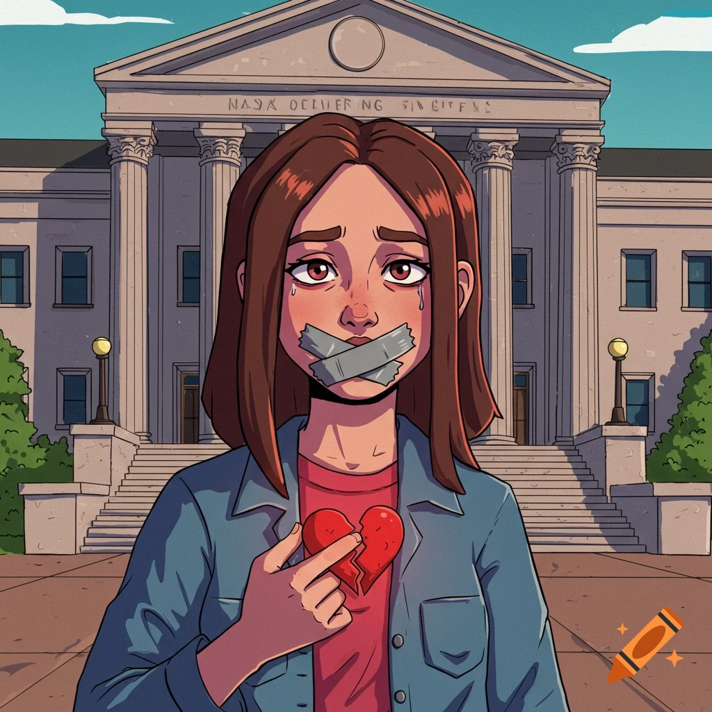 Cartoon of a crying woman with tape over her mouth, holding a broken heart, standing in front of a large building with columns.