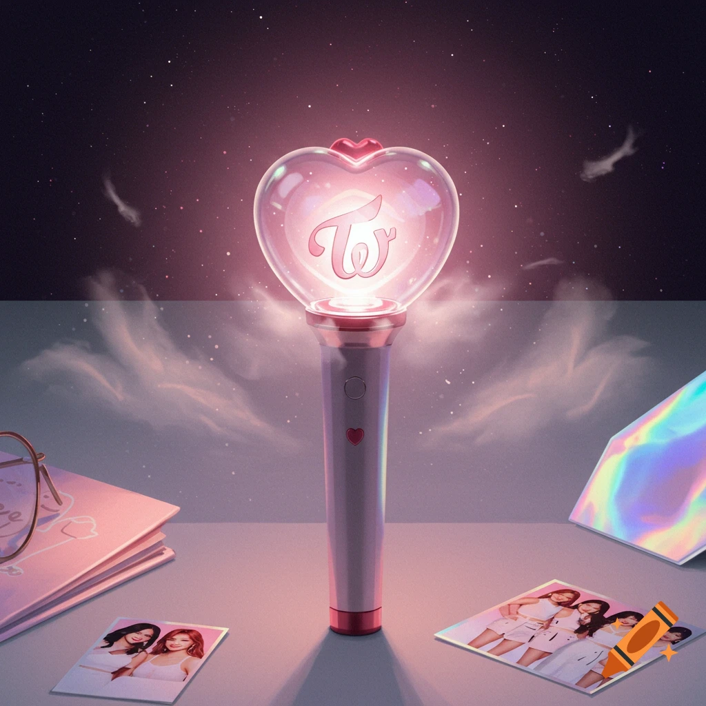 A heart-shaped light stick with the glowing 'Tw' logo, surrounded by pink notebooks, glasses, and photos of K-pop idols against a starry background.