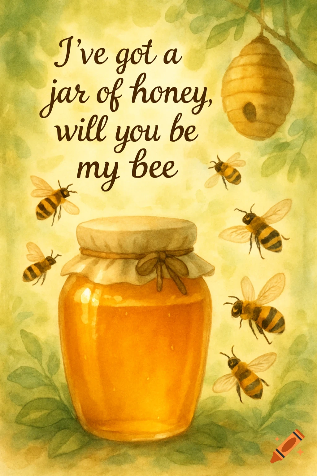 Watercolor illustration of a honey jar, flying bees, and a beehive, with the phrase 'I've got a jar of honey, will you be my bee'.