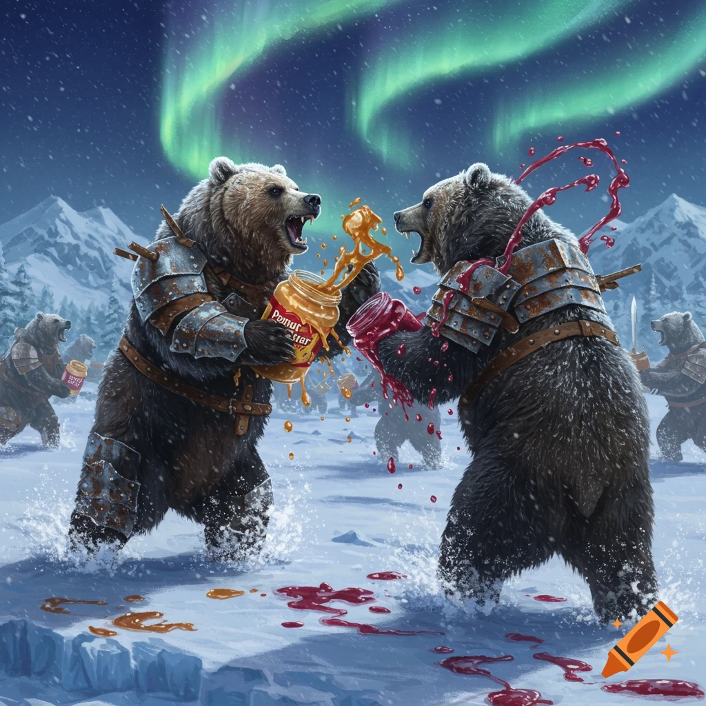 Armored bears battle in a frozen tundra, one splashing peanut butter and the other jelly, under green aurora borealis.