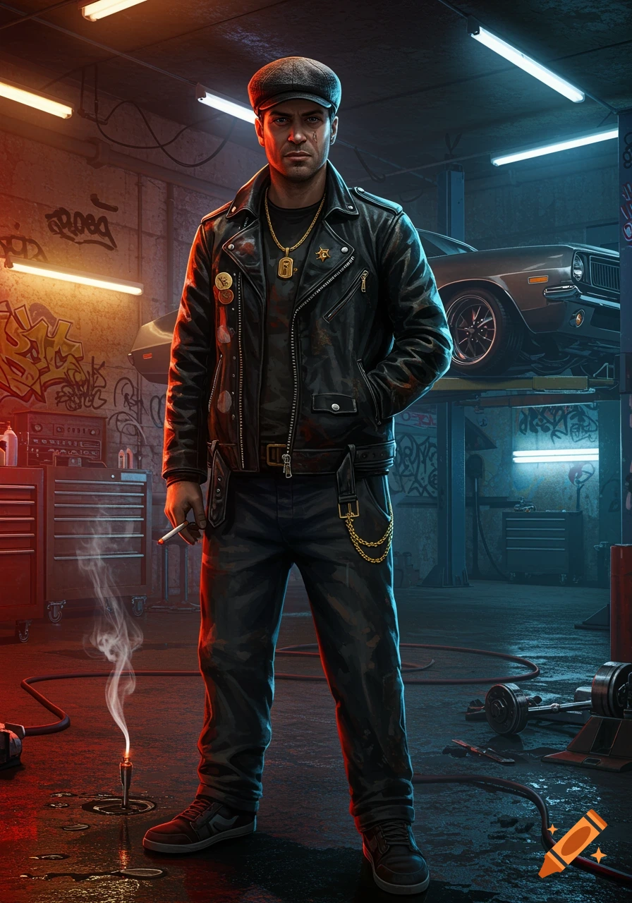 A man in a leather jacket and flat cap stands in a gritty, graffiti-covered garage with a classic car on a lift. He holds a lit cigarette.