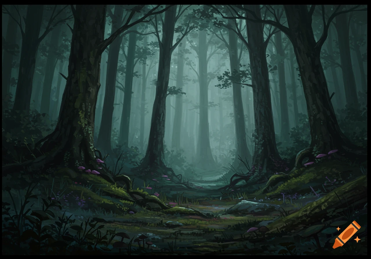 A dark, misty forest with tall trees, a winding path, and glowing purple mushrooms on the mossy ground.