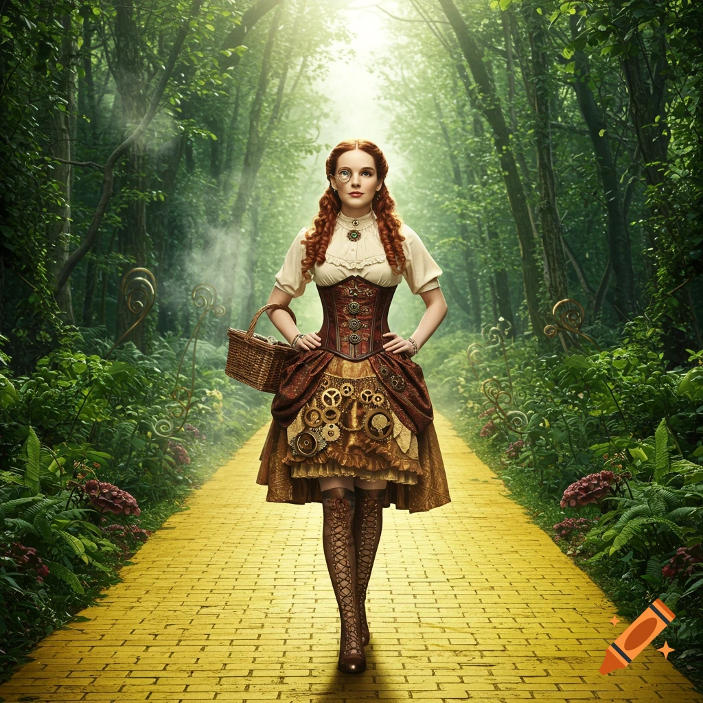 A steampunk-styled woman with red hair and a monocle, holding a basket, walks down a yellow brick road in a sunlit forest.