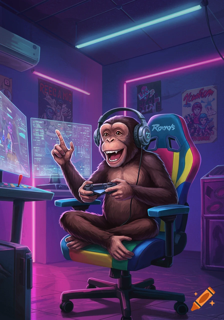 A happy chimpanzee wearing headphones plays video games in a neon-lit room, holding a controller and pointing at a monitor.