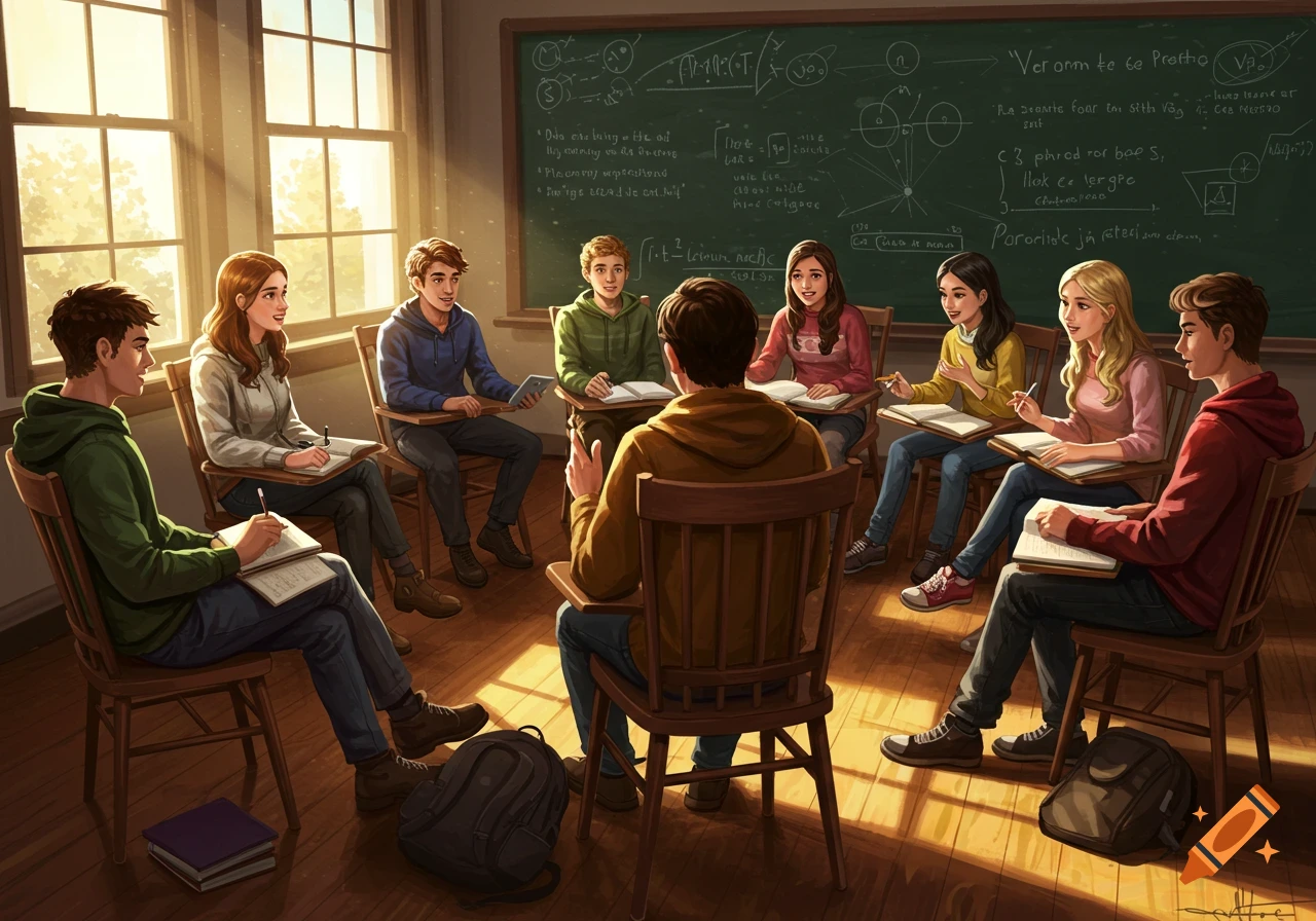 High school students sit in a circle in a sunlit classroom, participating in a seminar while one student speaks.