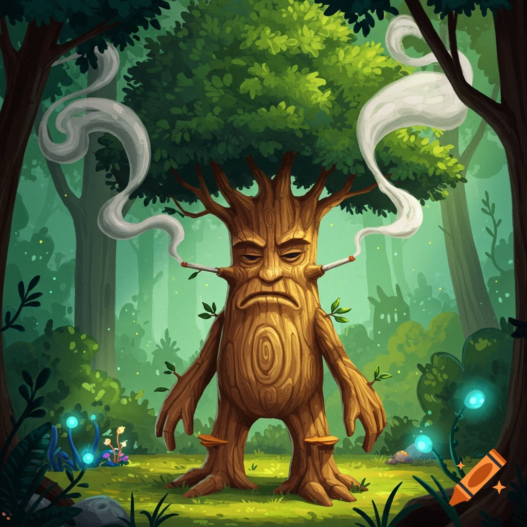 A grumpy anthropomorphic tree character smokes cigarettes in a vibrant, mystical forest, rendered in a cartoon illustration style.