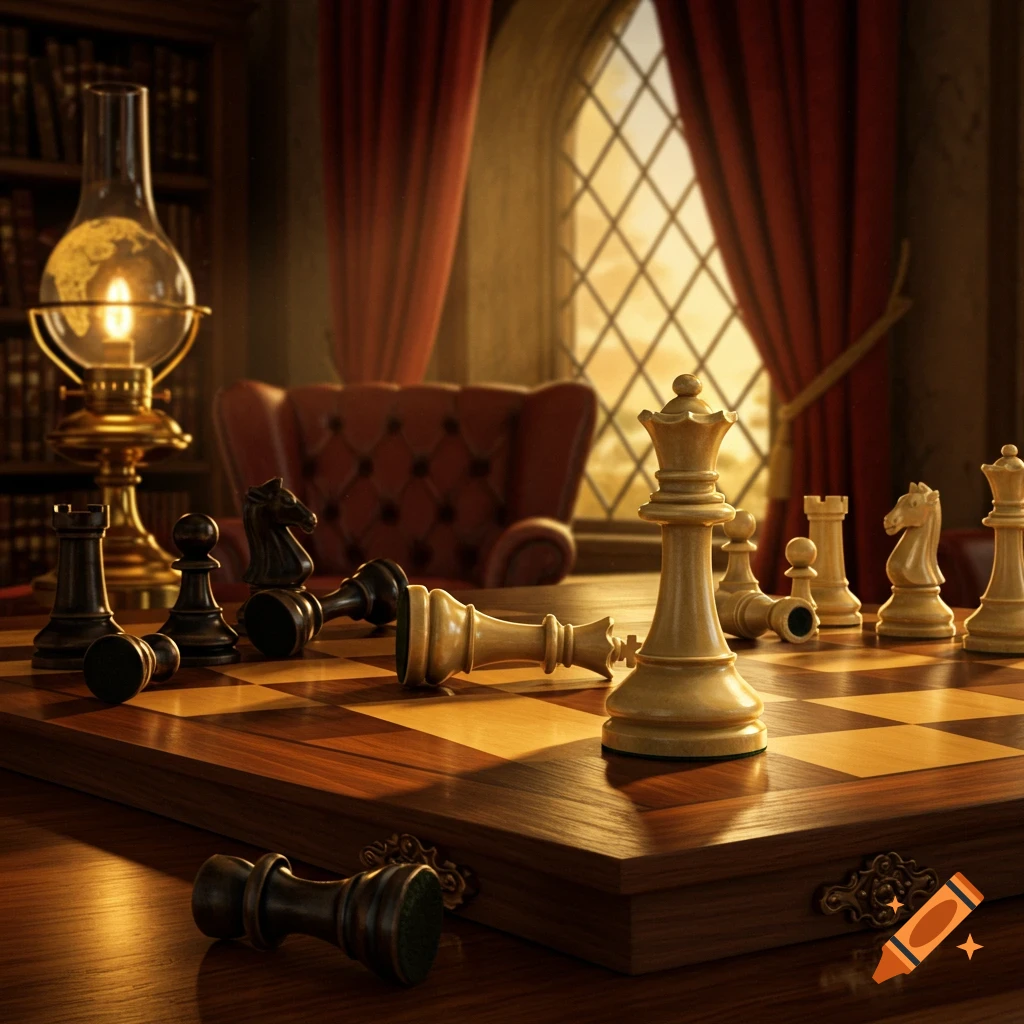 Photorealistic image of a chessboard in a warmly lit study. White queen stands tall, surrounded by fallen black and white chess pieces. A vintage lamp and armchair are in the background.