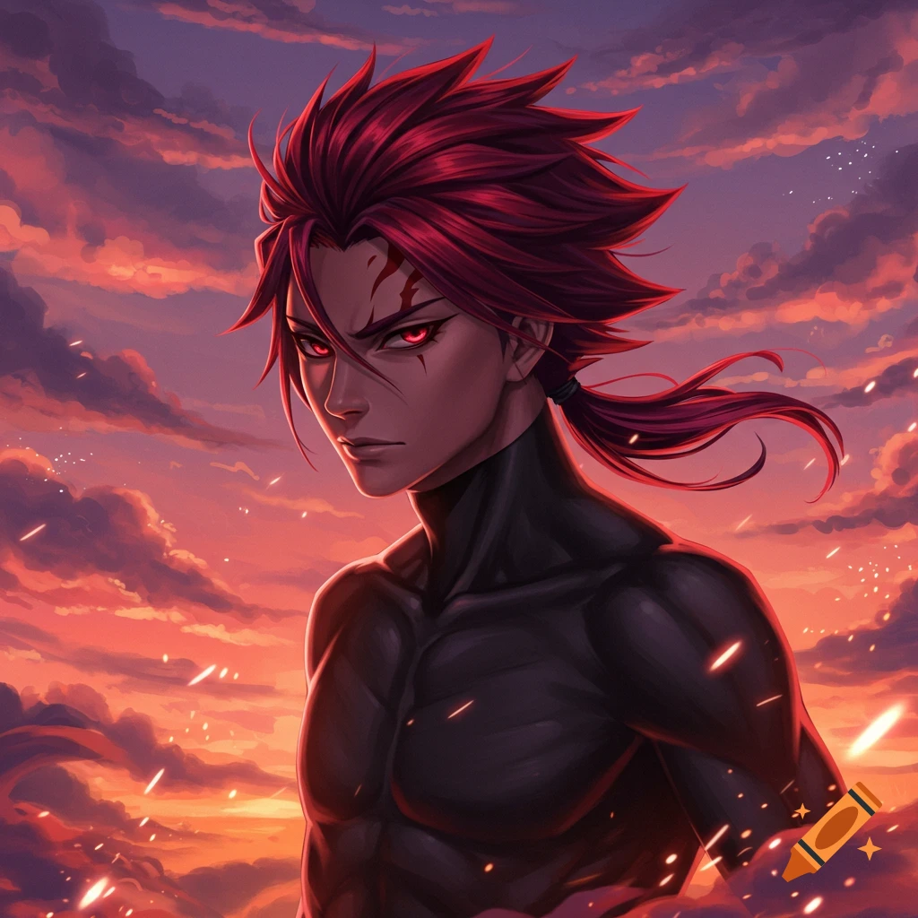 Anime male character with spiky red hair and glowing red eyes, wearing a black top, against a fiery red and purple sunset sky.