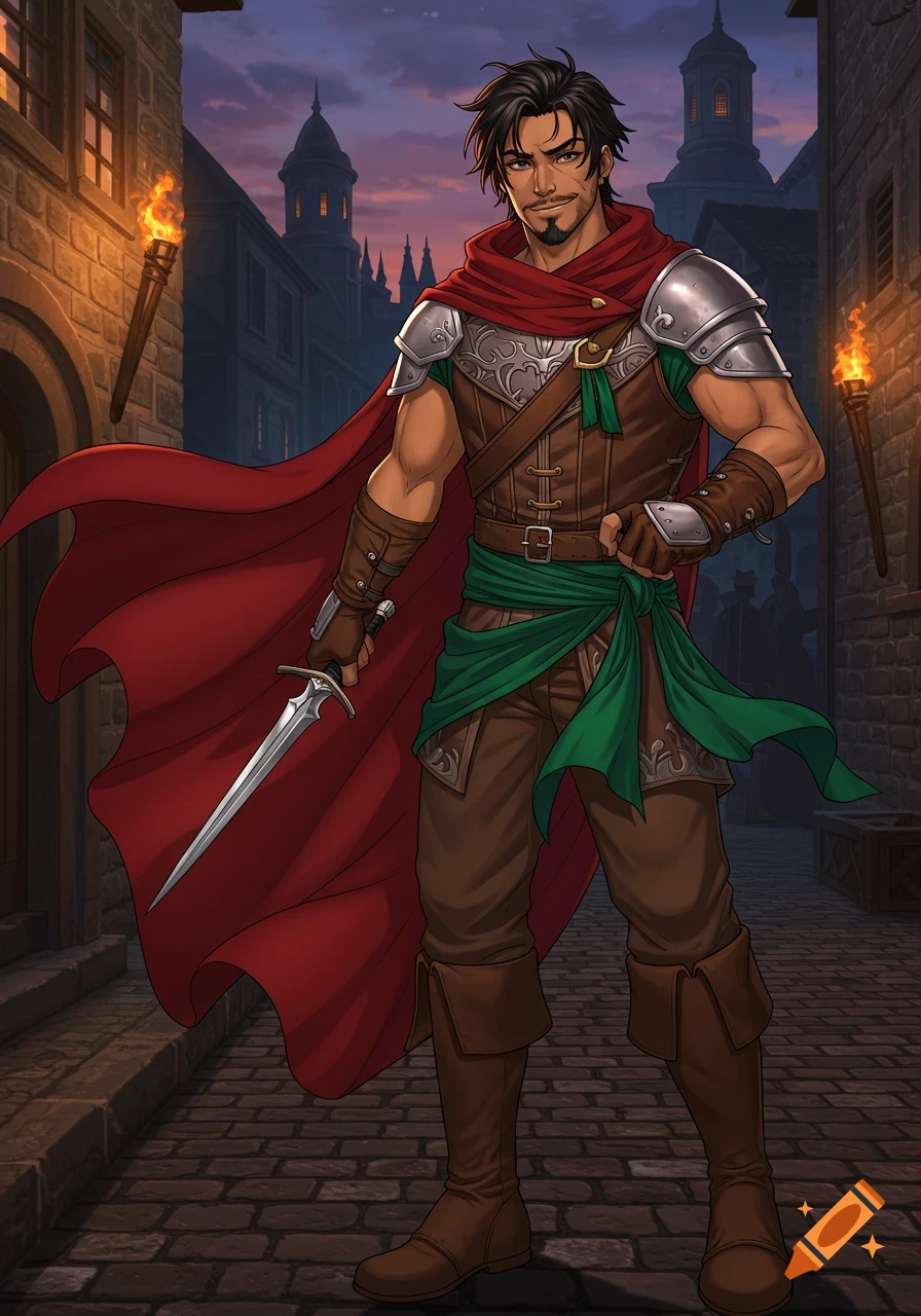 Anime-style male character in fantasy rogue attire, red cape, and green sash, holding a dagger on a cobblestone street at dusk.