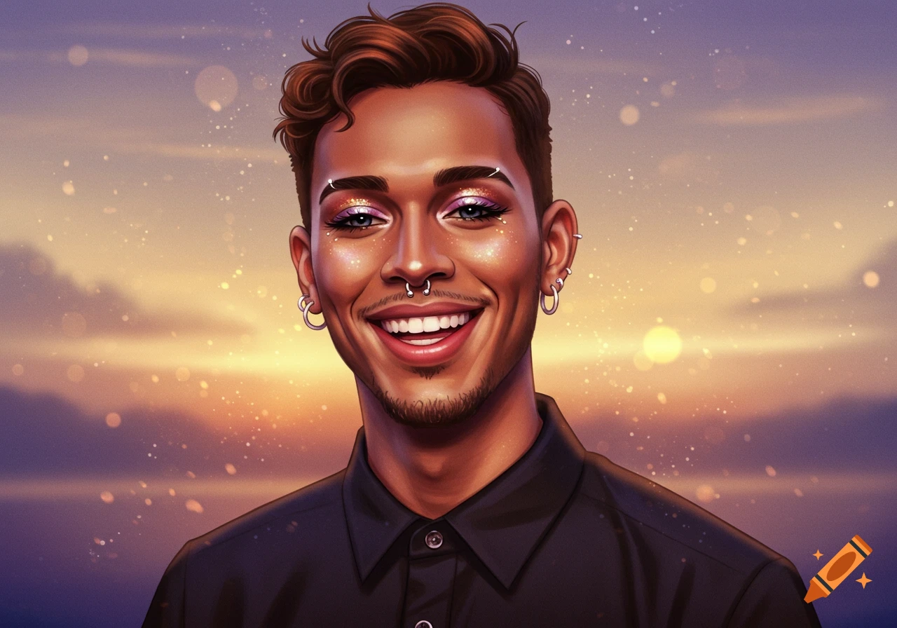 An illustrative portrait of a smiling person with dark skin, brown hair, colorful eye makeup, and multiple facial piercings against a sunset sky.