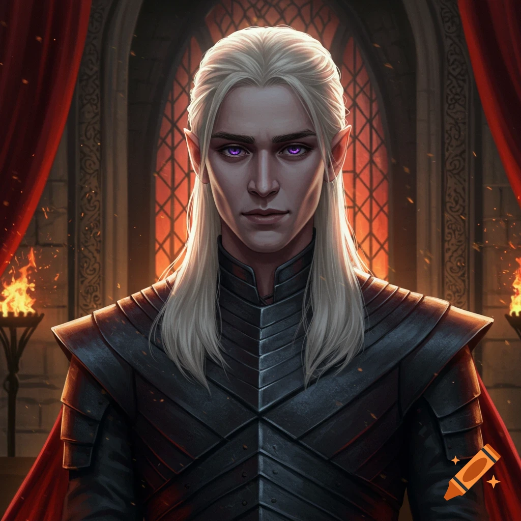 A fantasy painting of a serious young man with long silver hair and glowing purple eyes, wearing dark armor and a red cape, in a dimly lit castle hall.