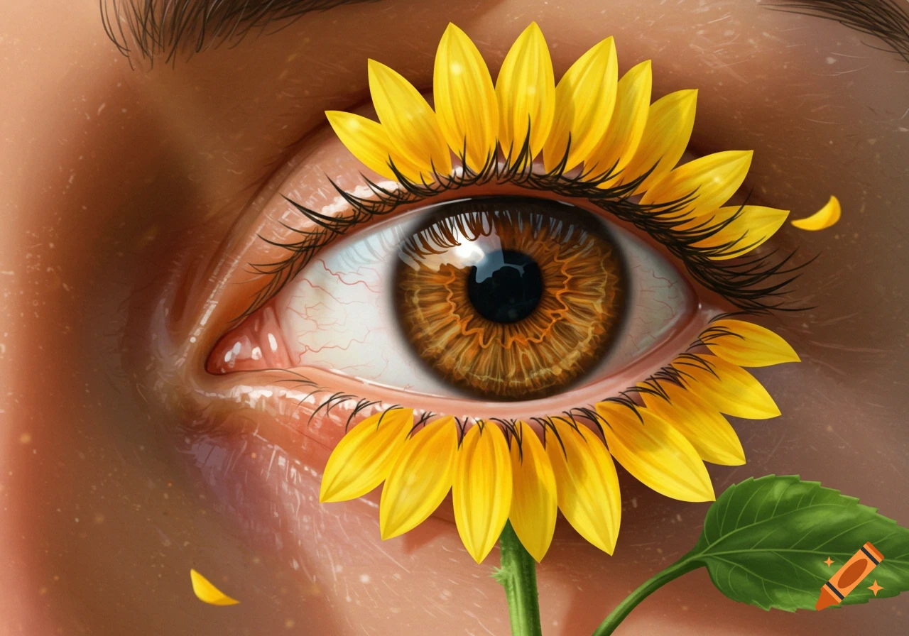 A detailed brown eye is fused with a sunflower, with petals replacing eyelashes and the iris forming the flower's center.