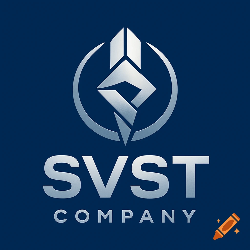 A silver and blue company logo with the text "SVST COMPANY" below a stylized, metallic symbol.