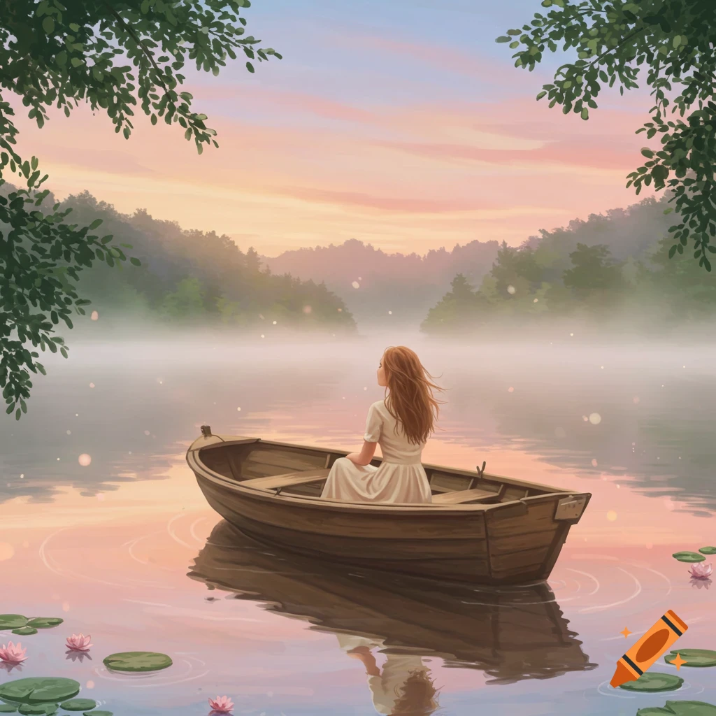 An illustration of a woman in a boat on a misty lake at sunset, with trees and water lilies.