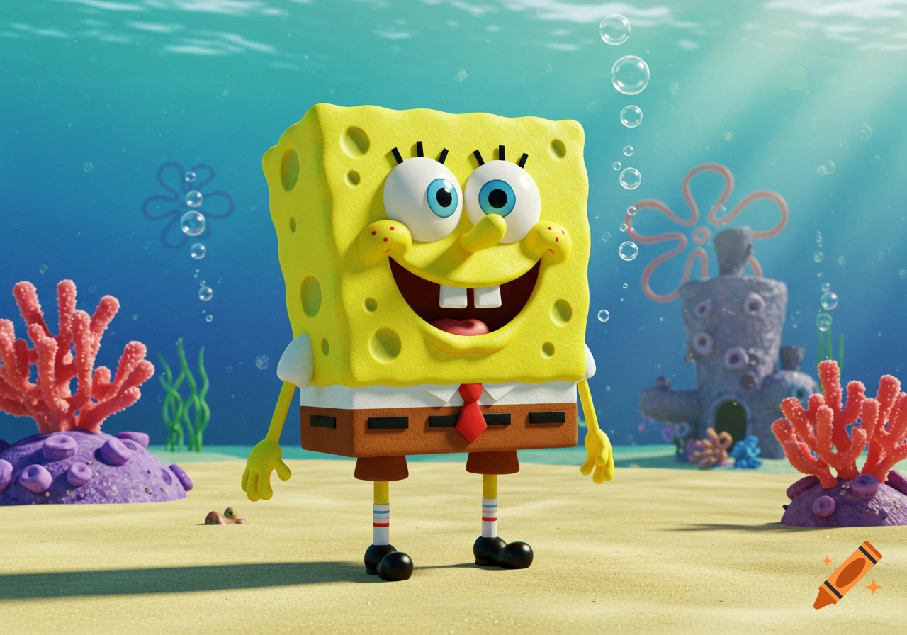 A 3D rendered image of Spongebob Squarepants smiling on the sandy ocean floor with coral and bubbles.