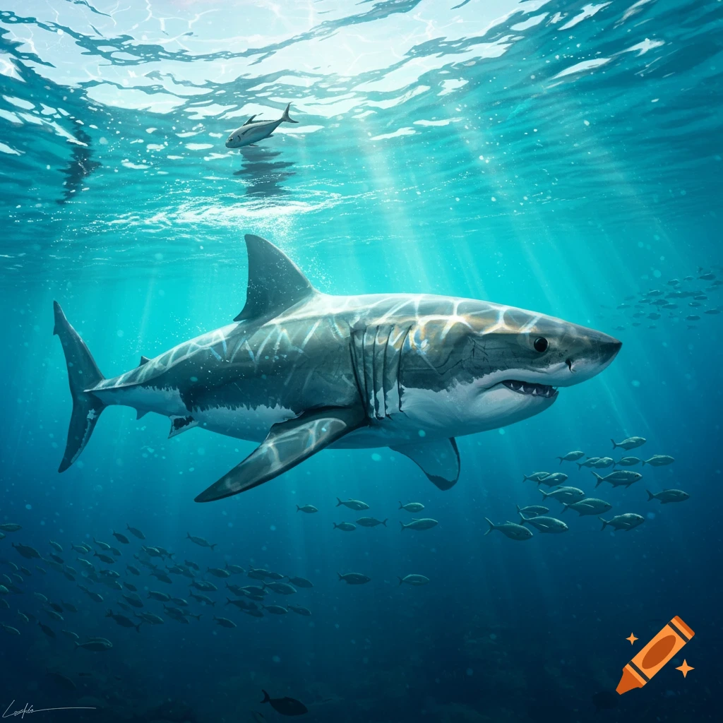 A great white shark swims in clear blue ocean water, with sunlight streaming from the surface and schools of fish below.