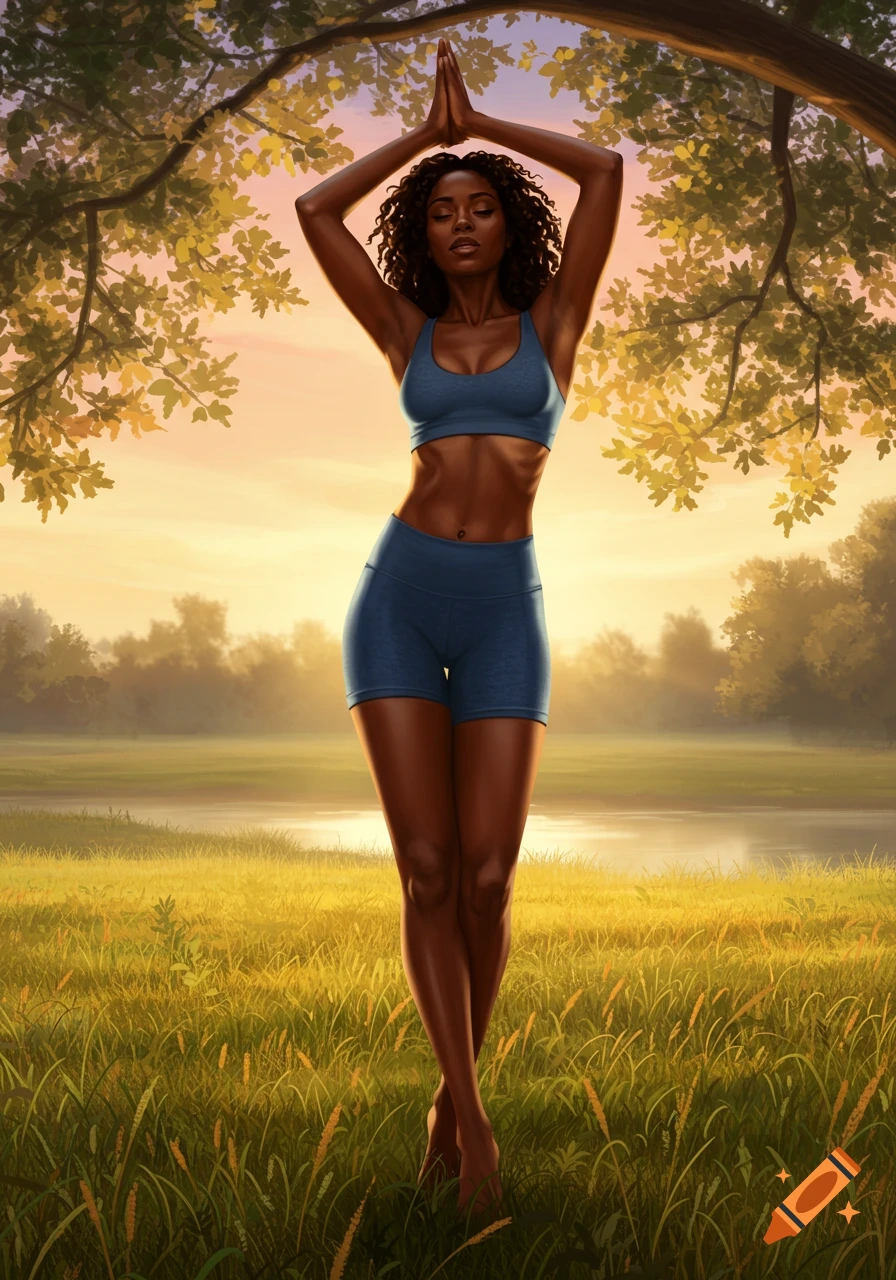 A beautiful Black woman in blue yoga wear stands in a field at sunset, performing a yoga pose under a tree.