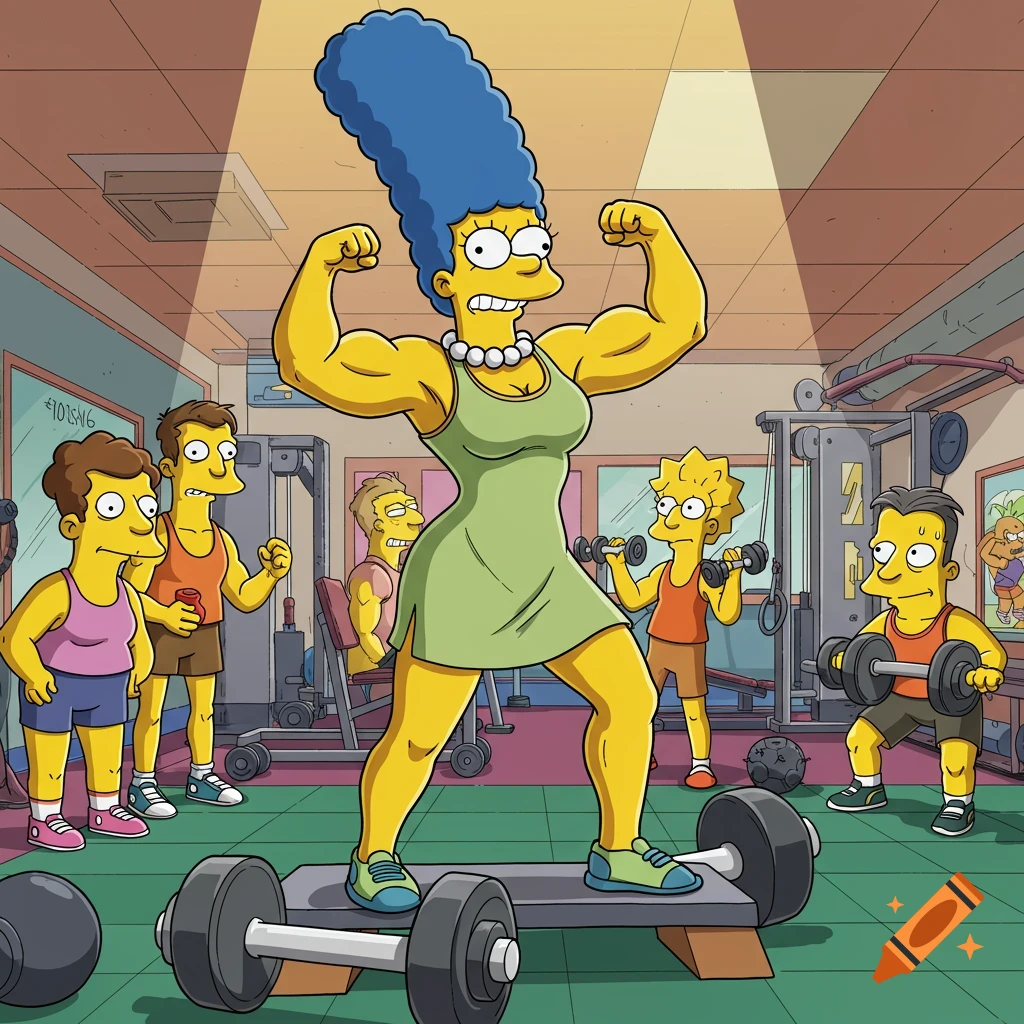 Marge Simpson flexes her muscular arms in a gym, while other cartoon characters work out around her in The Simpsons style.